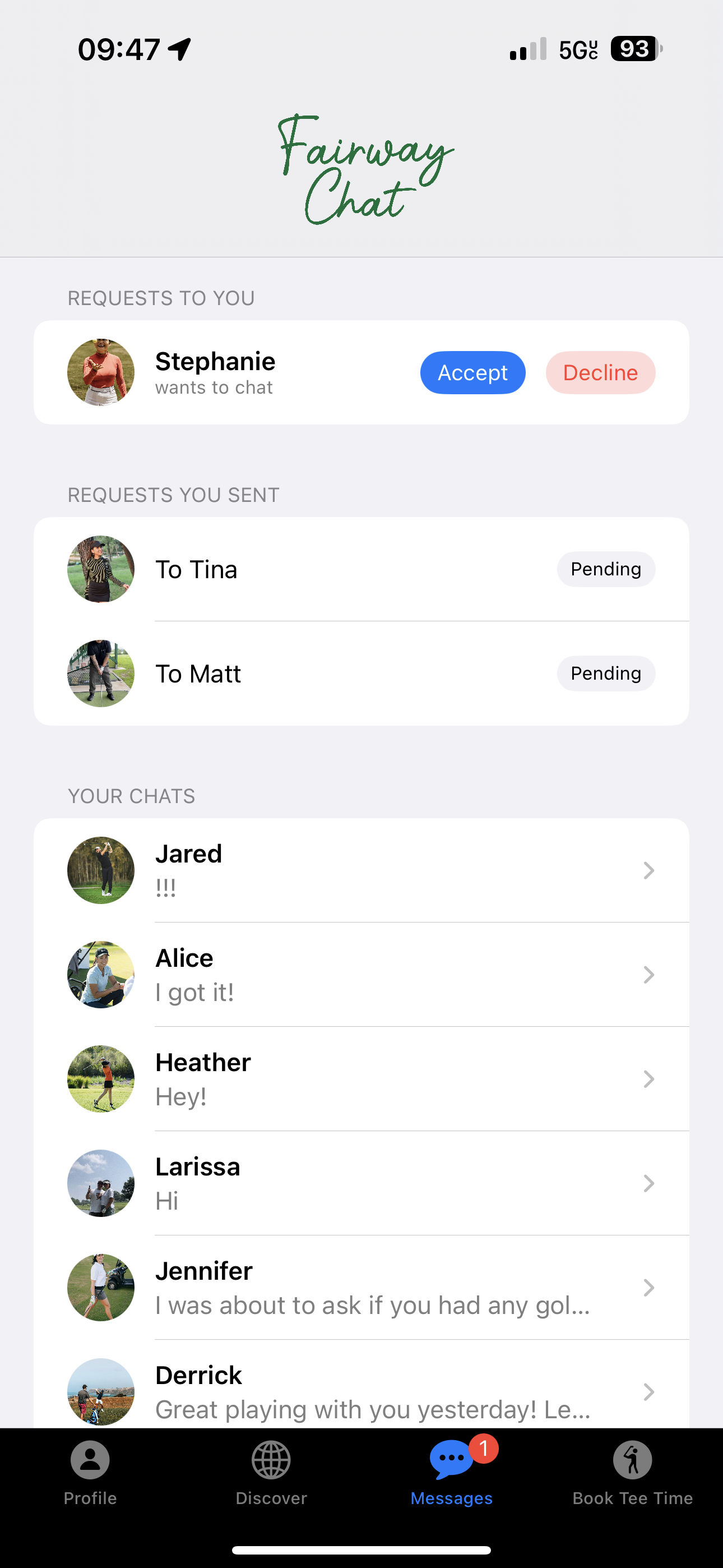 Fairway Buddies chat screen
